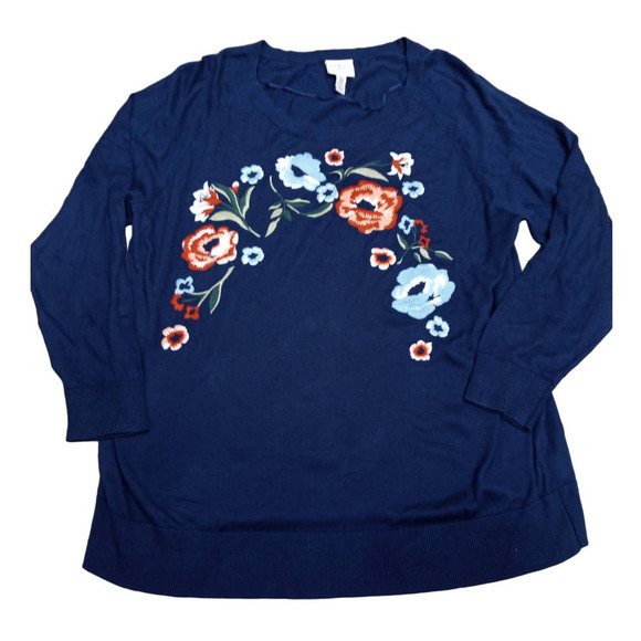 NWT St John's Bay Women 2X Floral Flower Embroidered Blue Sweater - Picture 1 of 6